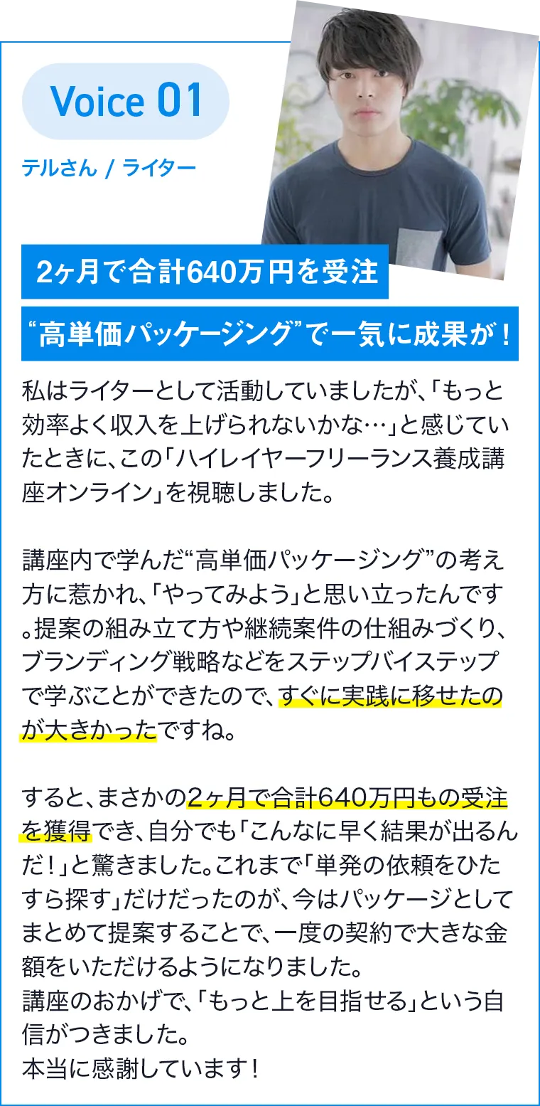 テルさん/ライター 2ヶ月で合計640万円を受注 “高単価パッケージング”で一気に成果が!